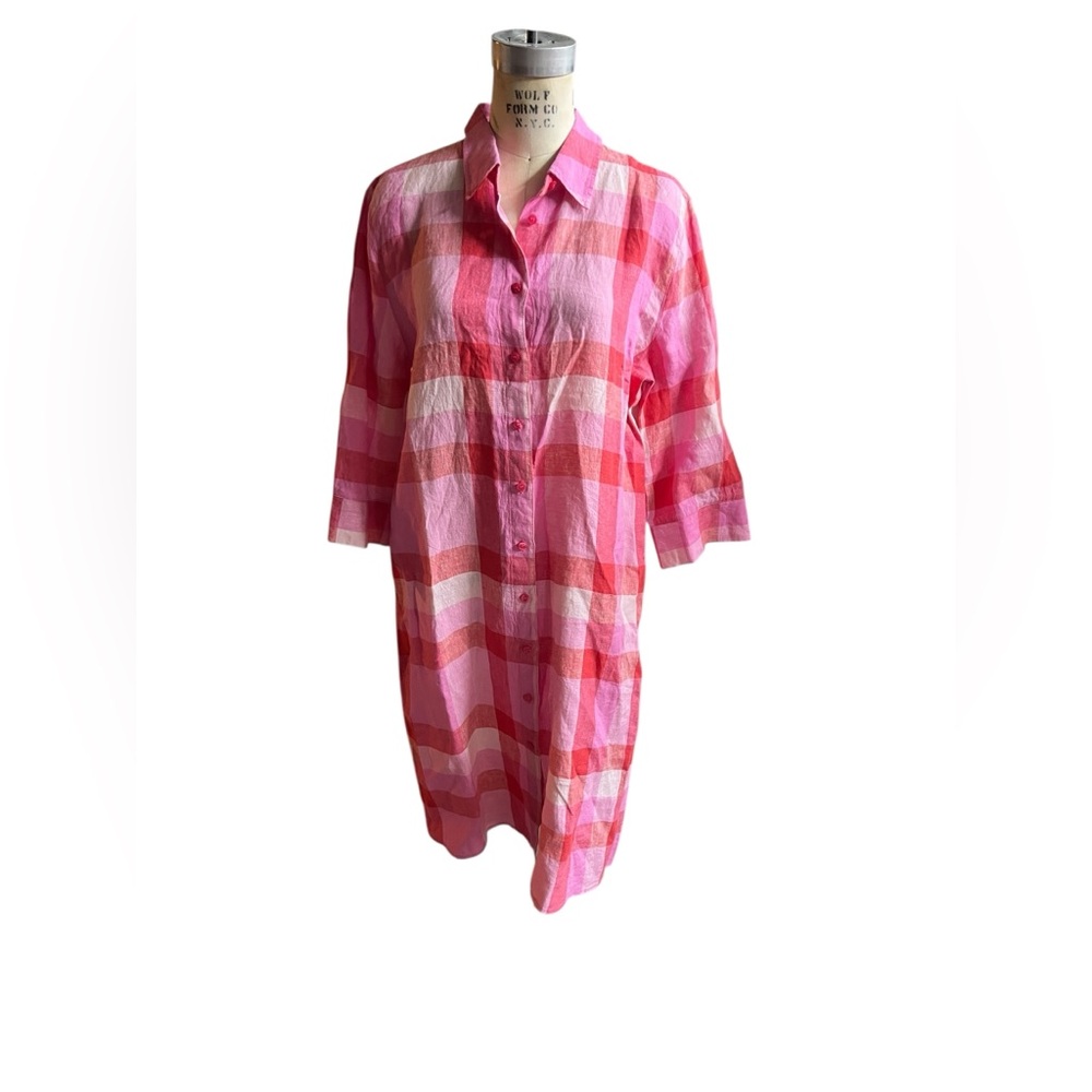 Olsen XL pink plaid linen shirt dress